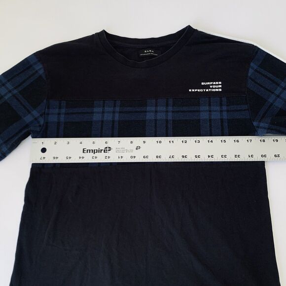 Zara Shirt Men Small Black Blue Buffalo Plaid Crewneck Quote Streetwear Preppy - Picture 5 of 7